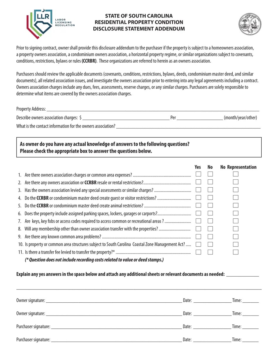 South Carolina Residential Property Condition Disclosure Statement