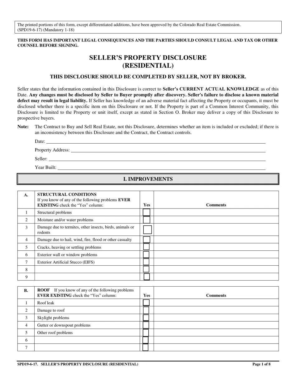 Colorado Seller's Property Disclosure (Residential) Fill Out, Sign Online and Download PDF