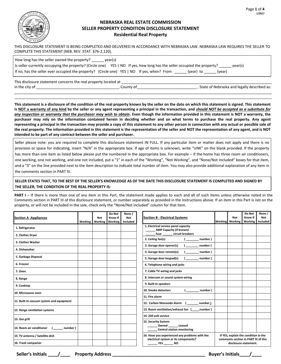 Nebraska Seller Property Condition Disclosure Statement Residential