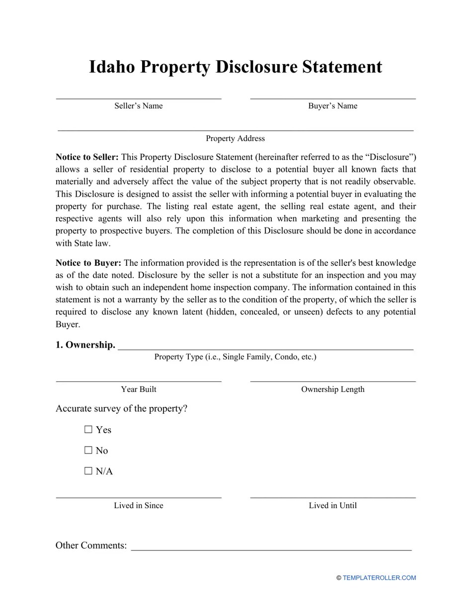 Idaho Property Disclosure Statement Form Fill Out, Sign Online and