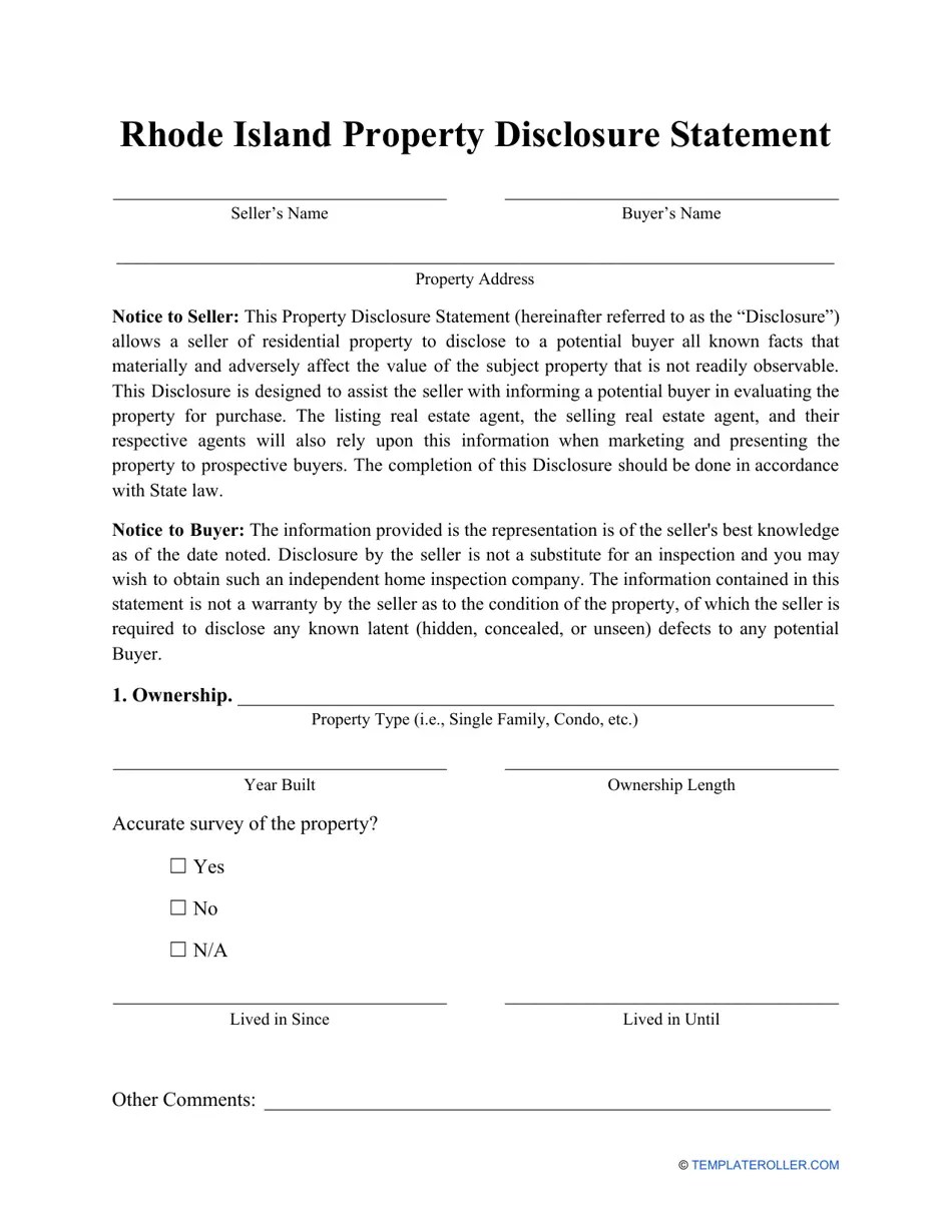 Rhode Island Property Disclosure Statement Form Fill Out, Sign Online