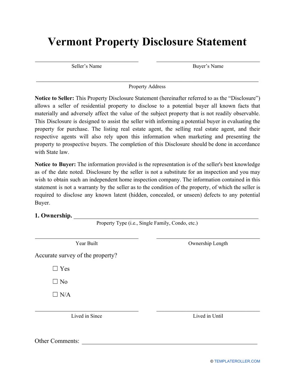 Vermont Property Disclosure Statement Form Fill Out, Sign Online and