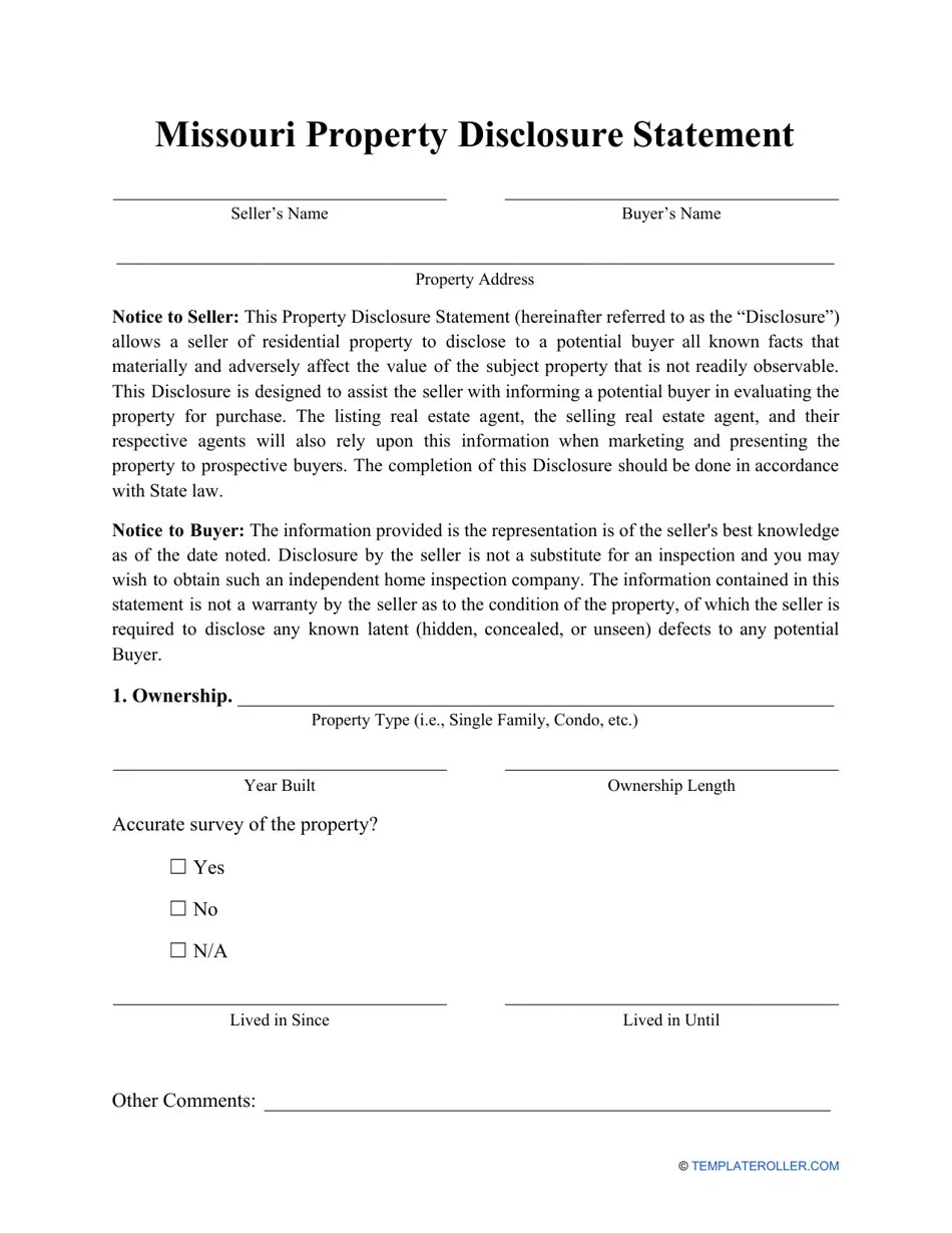 Missouri Property Disclosure Statement Form Fill Out, Sign Online and