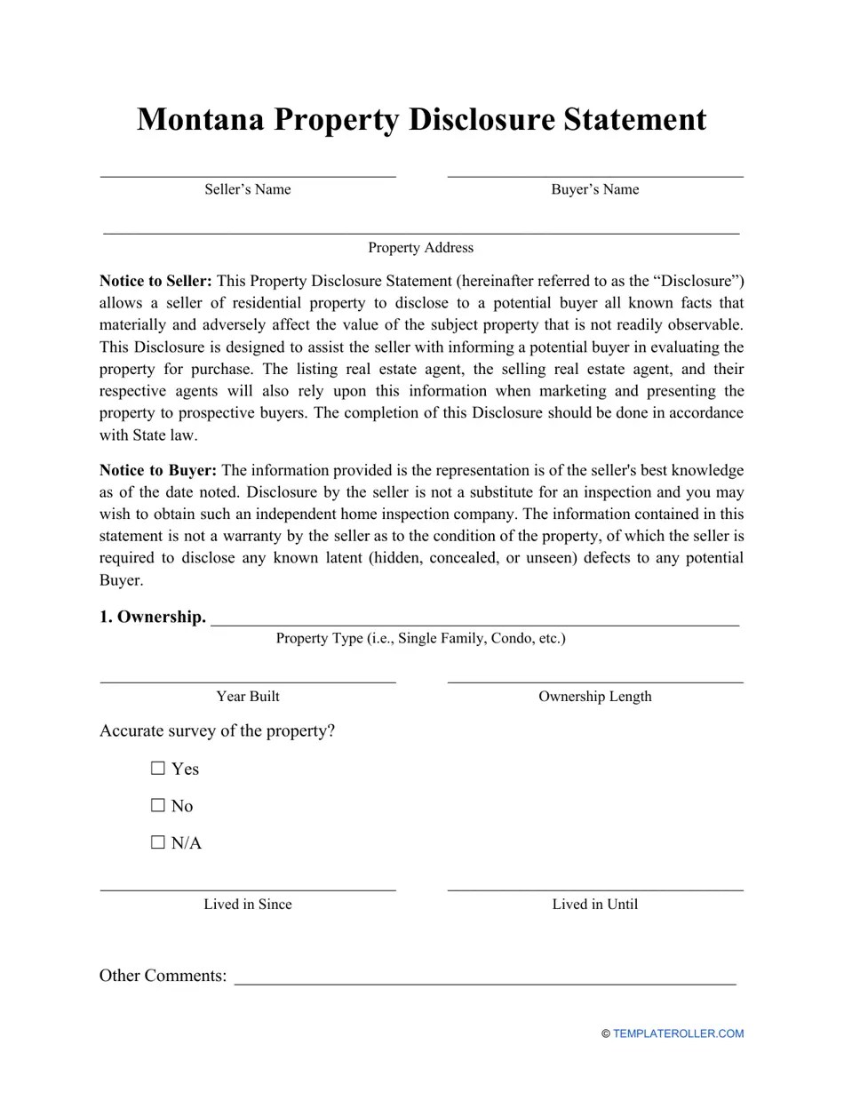 Montana Property Disclosure Statement Form Fill Out, Sign Online and