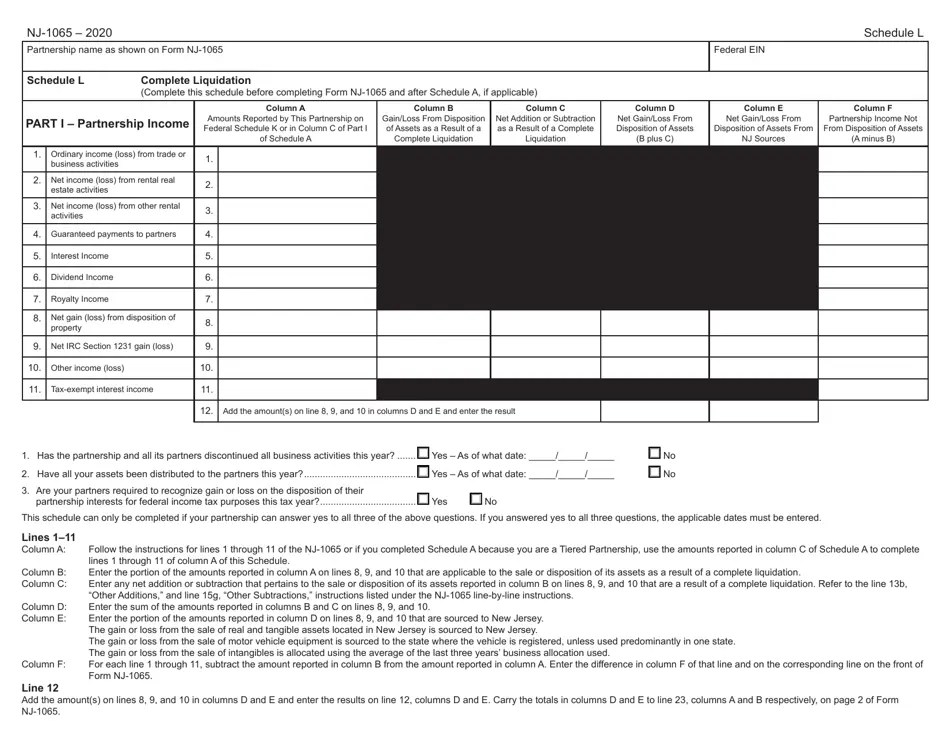 Form NJ1065 Schedule L Download Fillable PDF or Fill Online Complete Liquidation 2020 New