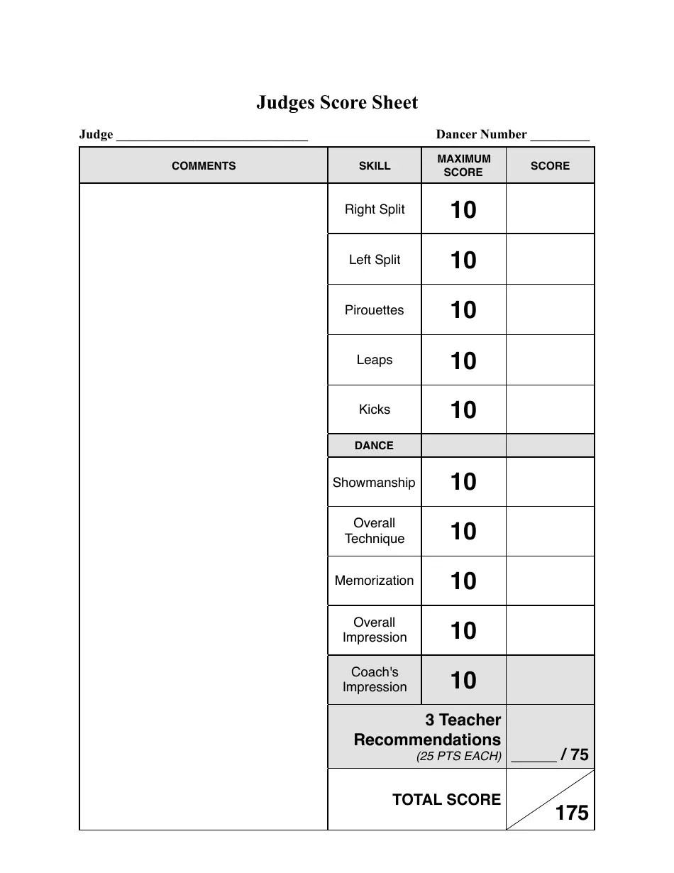 Dance Team Judges Score Sheet Template Download Printable PDF