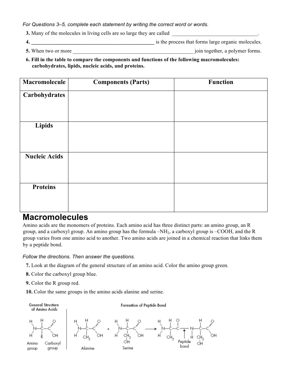 Carbon Compounds Worksheet - Chapter 2.3,the Chemistry of Life Download