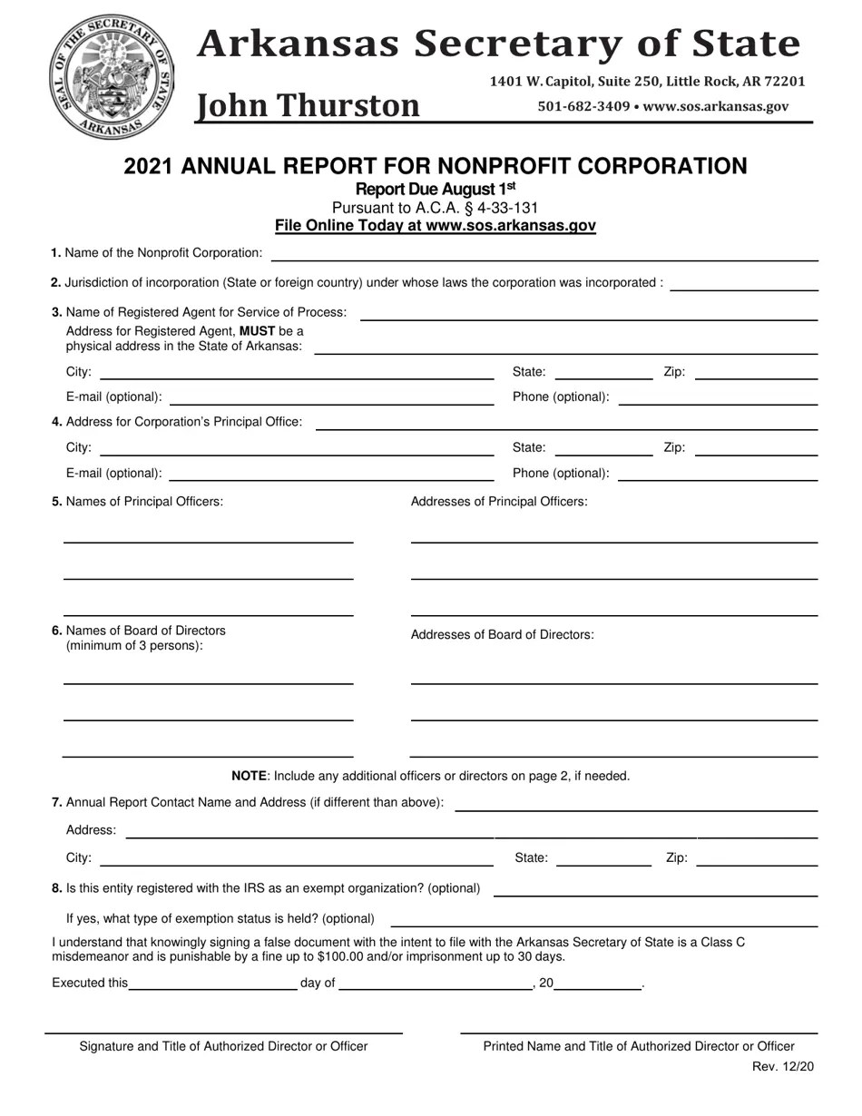 2021 Arkansas Annual Report for Nonprofit Corporation Fill Out, Sign Online and Download PDF