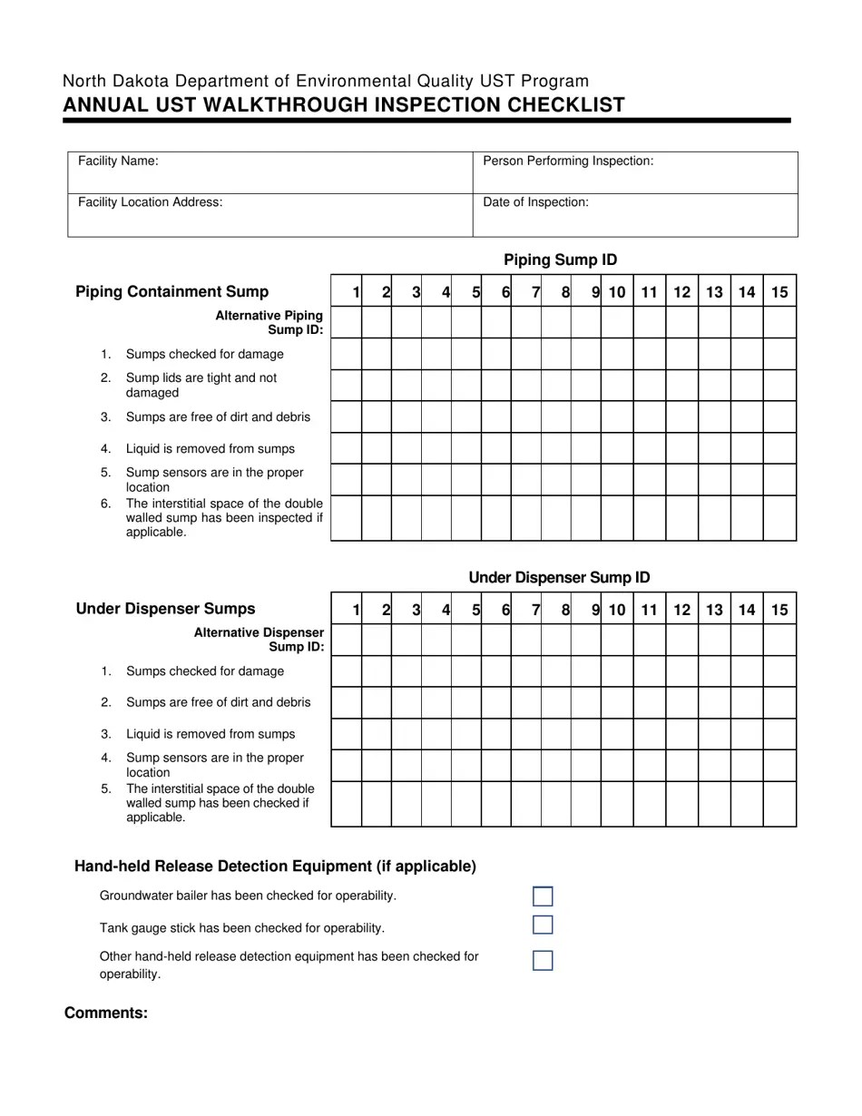 North Dakota Annual Ust Walkthrough Inspection Checklist Fill Out