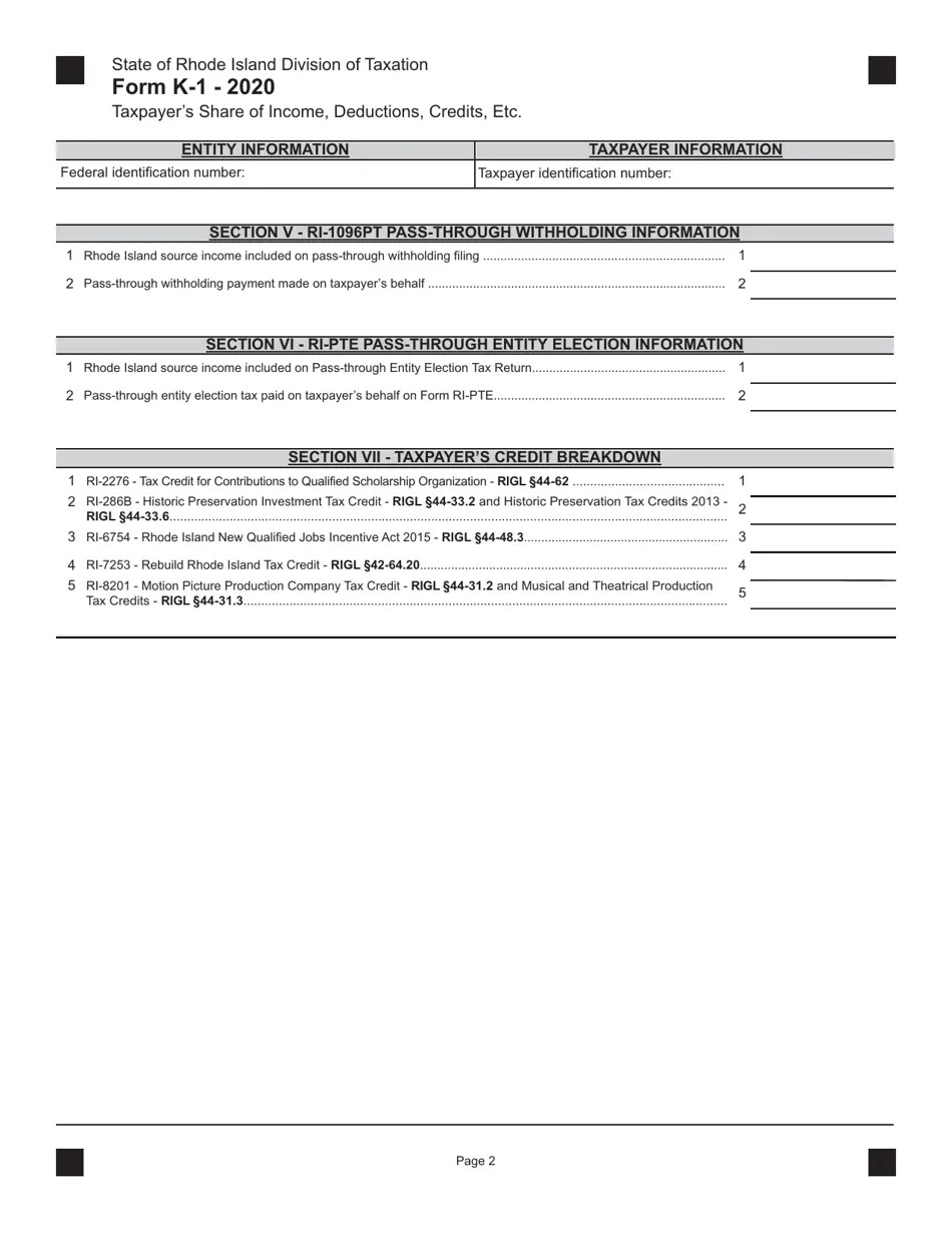 2020 Rhode Island Taxpayer's Share of Deductions, Credits, Etc