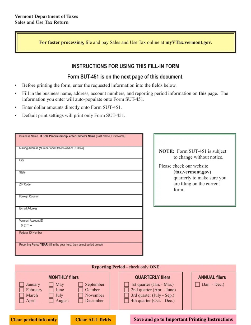 VT Form SUT451 Download Fillable PDF or Fill Online Sales and Use Tax