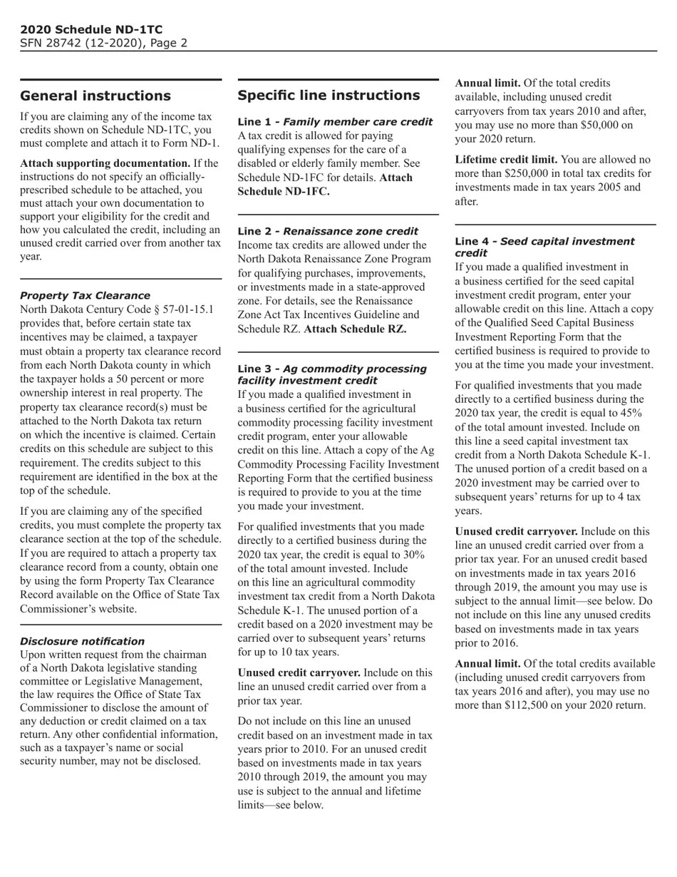 Form SFN28742 Schedule ND1TC Download Fillable PDF or Fill Online Tax