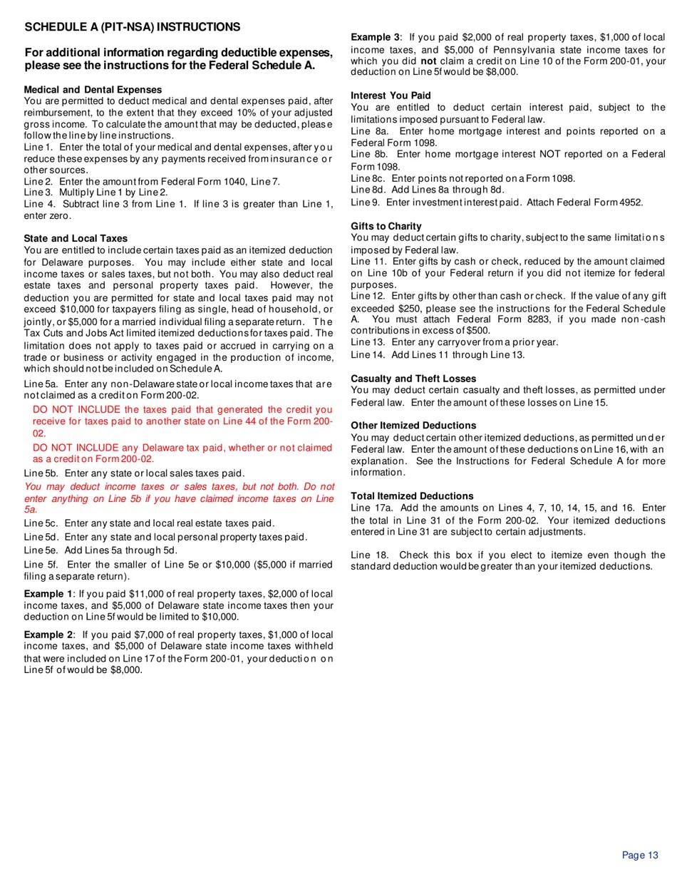 Download Instructions for Form 20002 Delaware Individual Nonresident