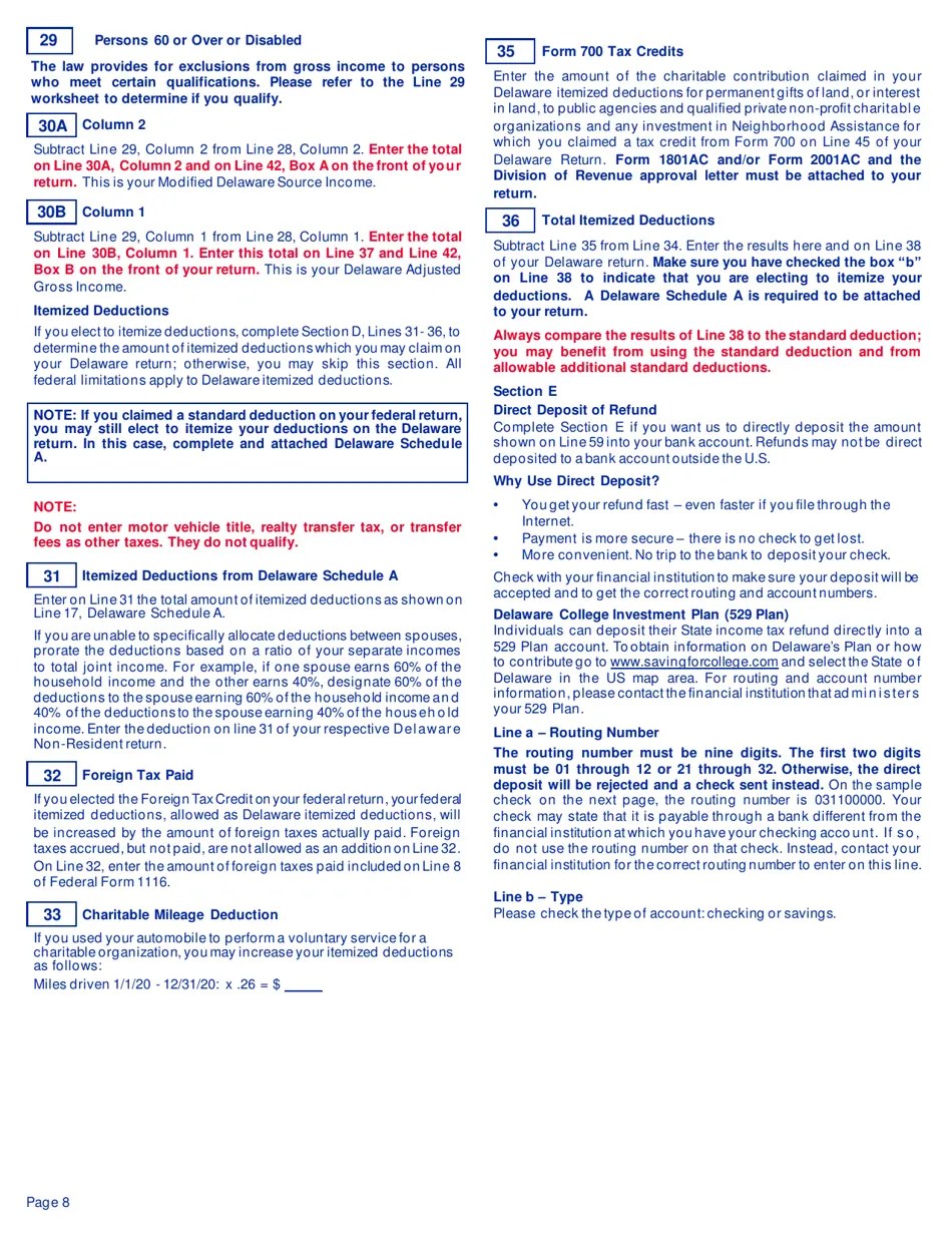 Download Instructions for Form 20002 Delaware Individual Nonresident