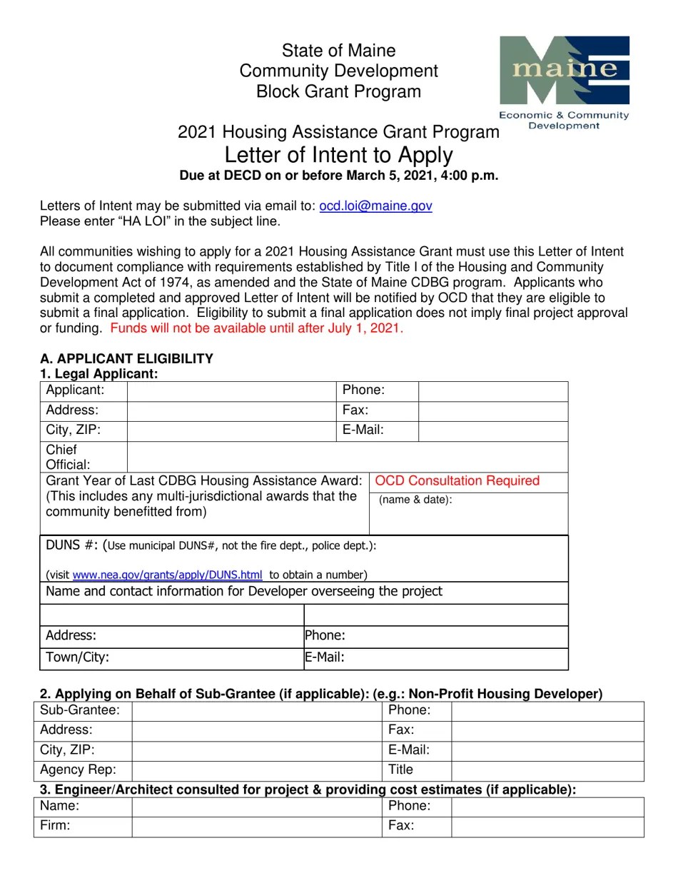 2021 Maine Housing Assistance Grant Program Letter of Intent to Apply