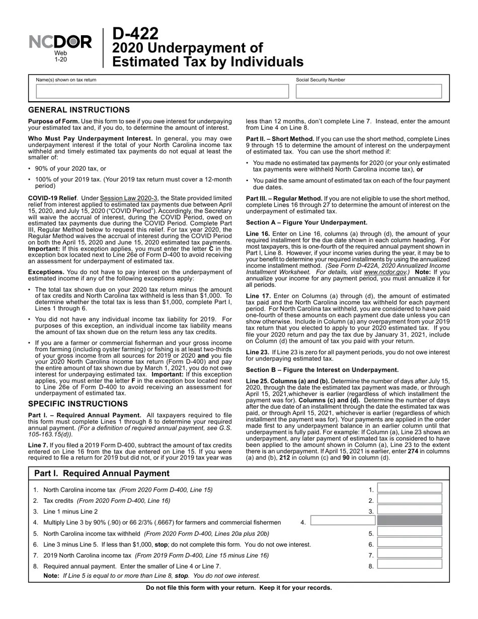 Form D422 Download Printable PDF or Fill Online Underpayment of