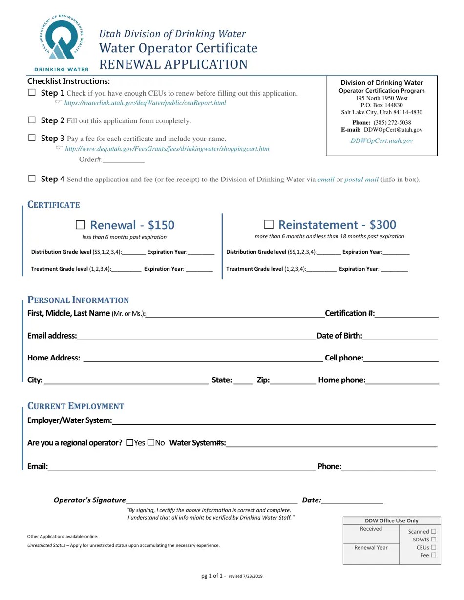 Utah Water Operator Certificate Renewal Application Fill Out, Sign