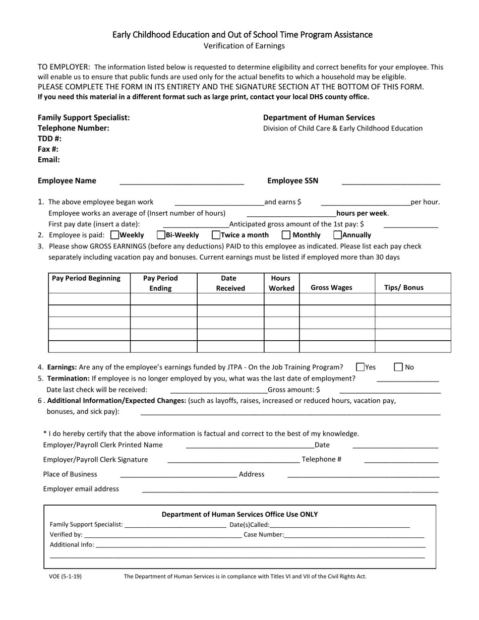 Arkansas Verification of Earnings for New Employment Fill Out, Sign