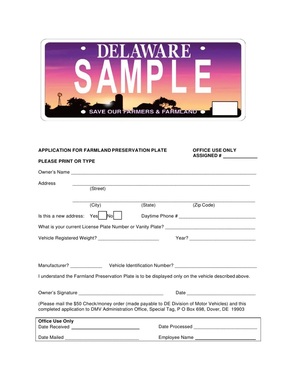 Delaware Application for Farmland Preservation Plate Fill Out, Sign