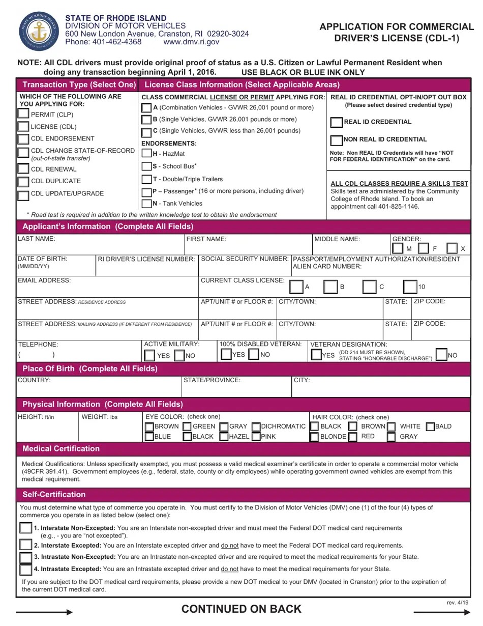 Form CDL1 Download Fillable PDF or Fill Online Application for