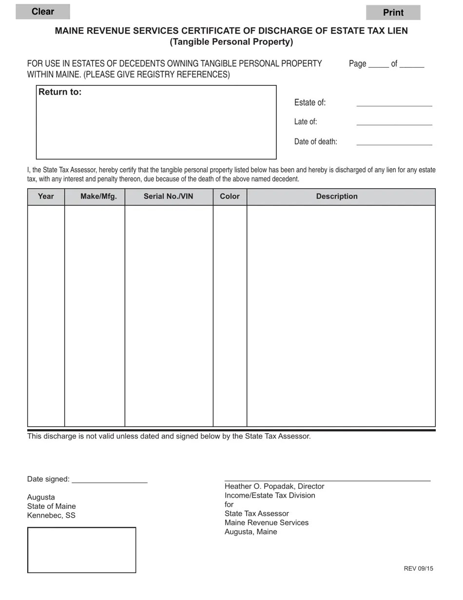 Maine Maine Revenue Services Certificate of Discharge of Estate Tax