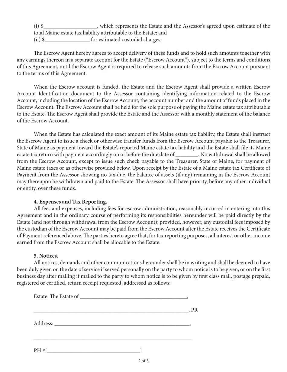 Maine Estate Tax Escrow Agreement for an Estate With Real Property