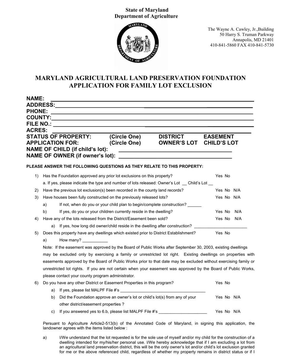 Maryland Application for Family Lot Exclusion Fill Out, Sign Online