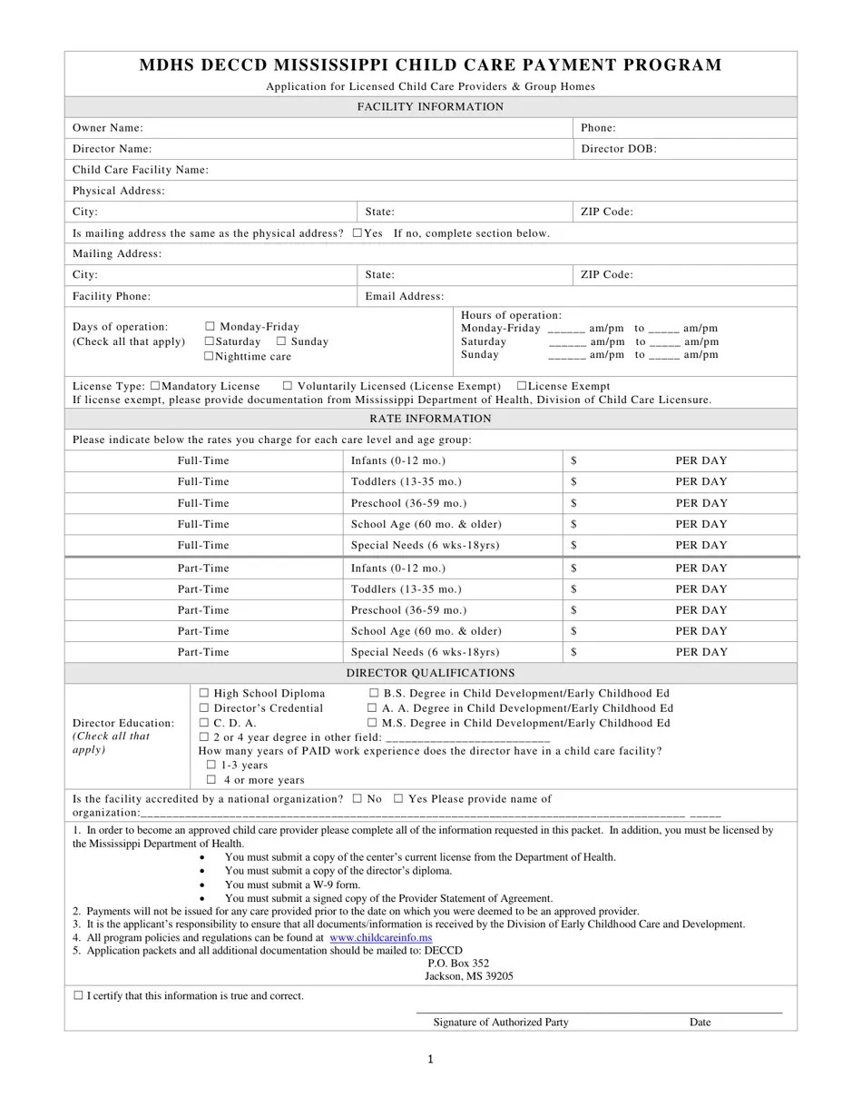 Mississippi Application for Licensed Child Care Providers & Group Homes