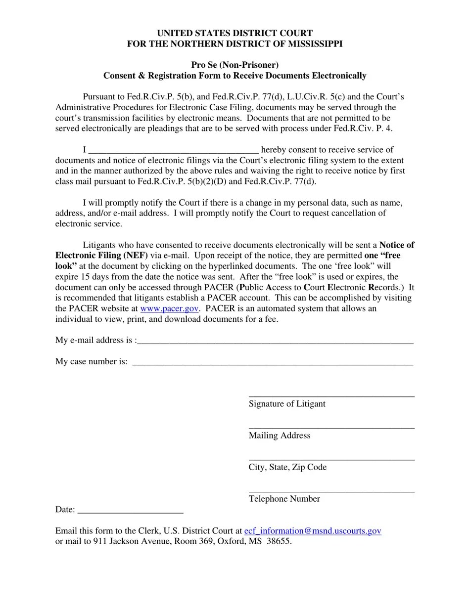 Mississippi Pro Se (Nonprisoner) Consent & Registration Form to