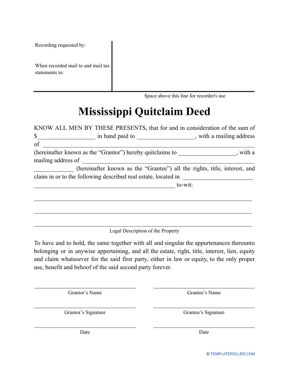 Mississippi Quitclaim Deed Form Fill Out, Sign Online and Download