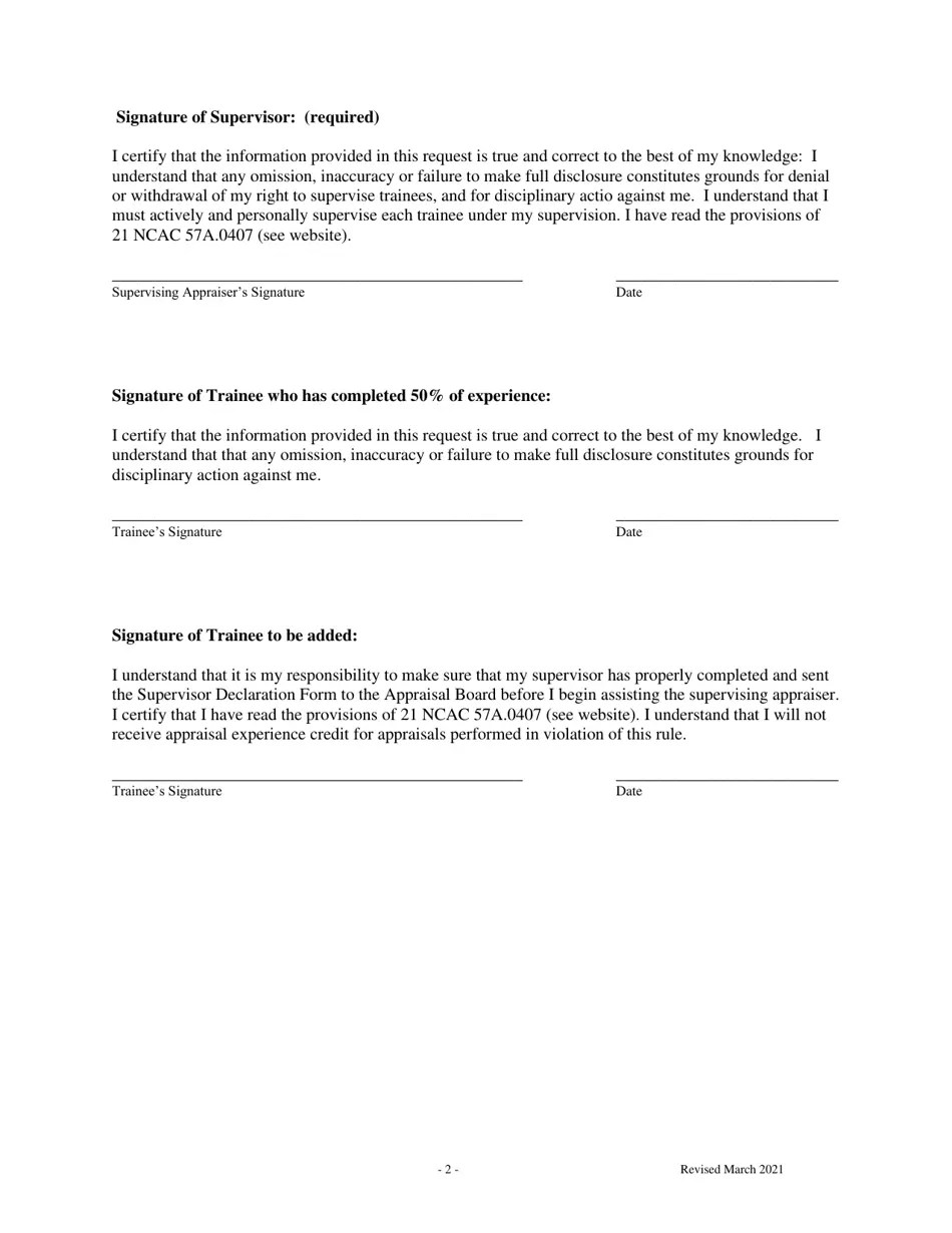 North Carolina Certified Residential Appraiser's Request to Add a Third Trainee Download