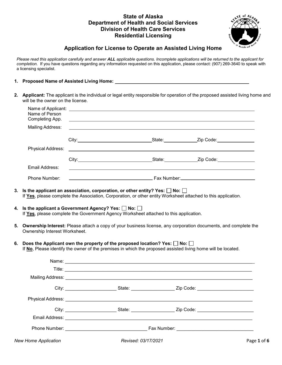 Alaska Application for License to Operate an Assisted Living Home