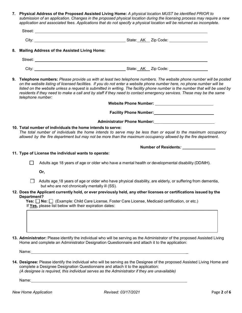 Alaska Application for License to Operate an Assisted Living Home
