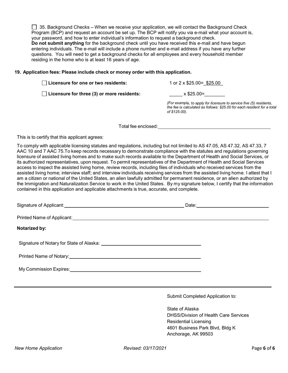 Alaska Application for License to Operate an Assisted Living Home
