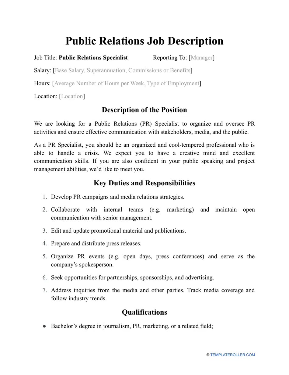 Sample Public Relations Job Description Fill Out, Sign Online and