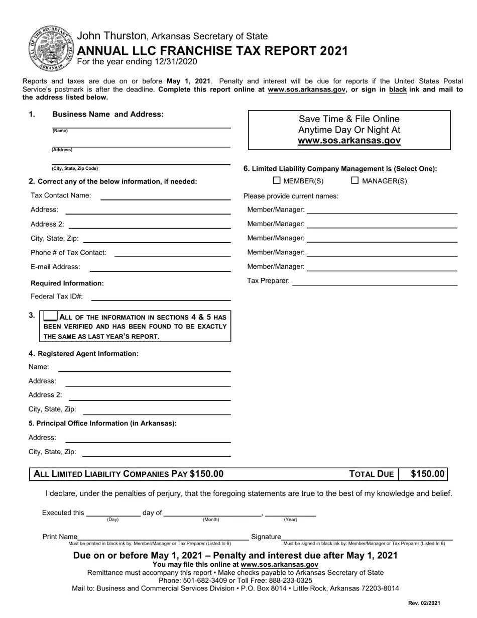 2021 Arkansas Annual LLC Franchise Tax Report Download Fillable PDF 2019 — 2024 Templateroller