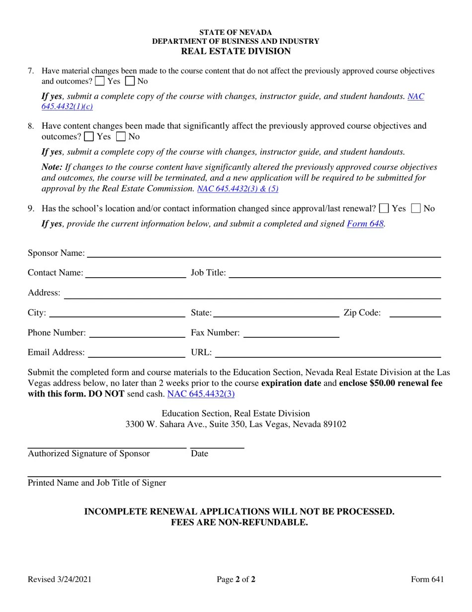 Form 641 Fill Out, Sign Online and Download Fillable PDF, Nevada