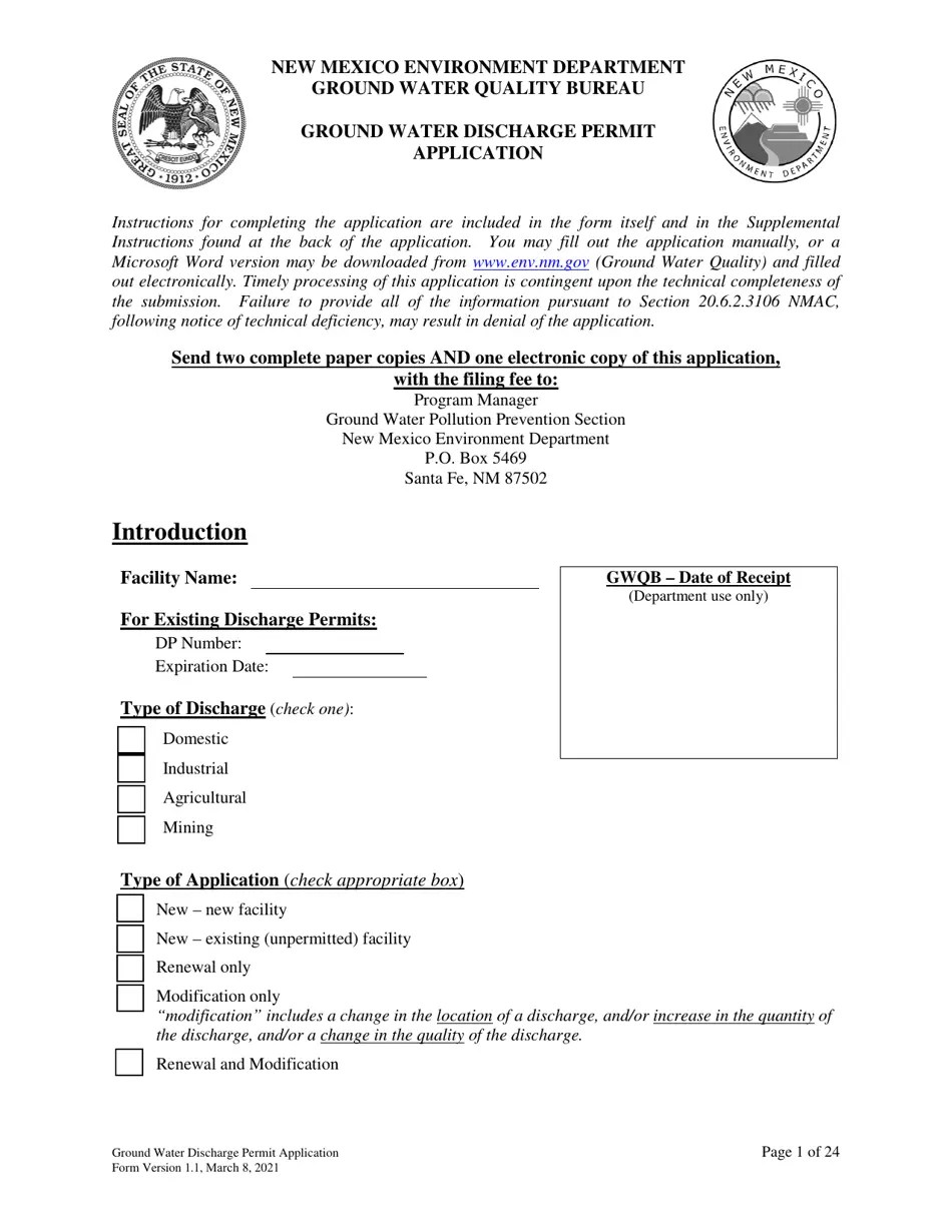 New Mexico Ground Water Discharge Permit Application Download Fillable