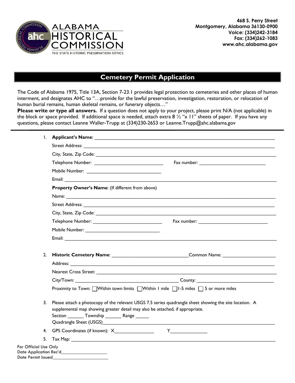 Alabama Cemetery Permit Application Fill Out, Sign Online and