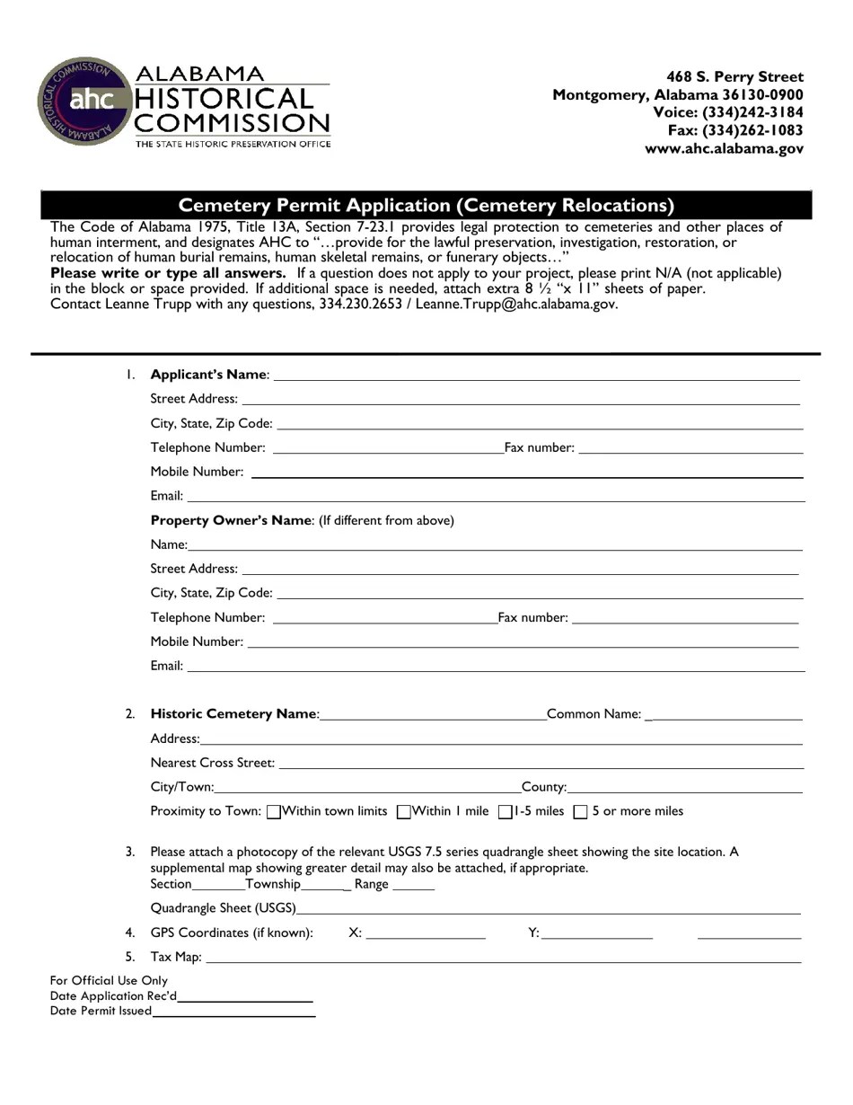 Alabama Cemetery Permit Application (Cemetery Relocations) Fill Out