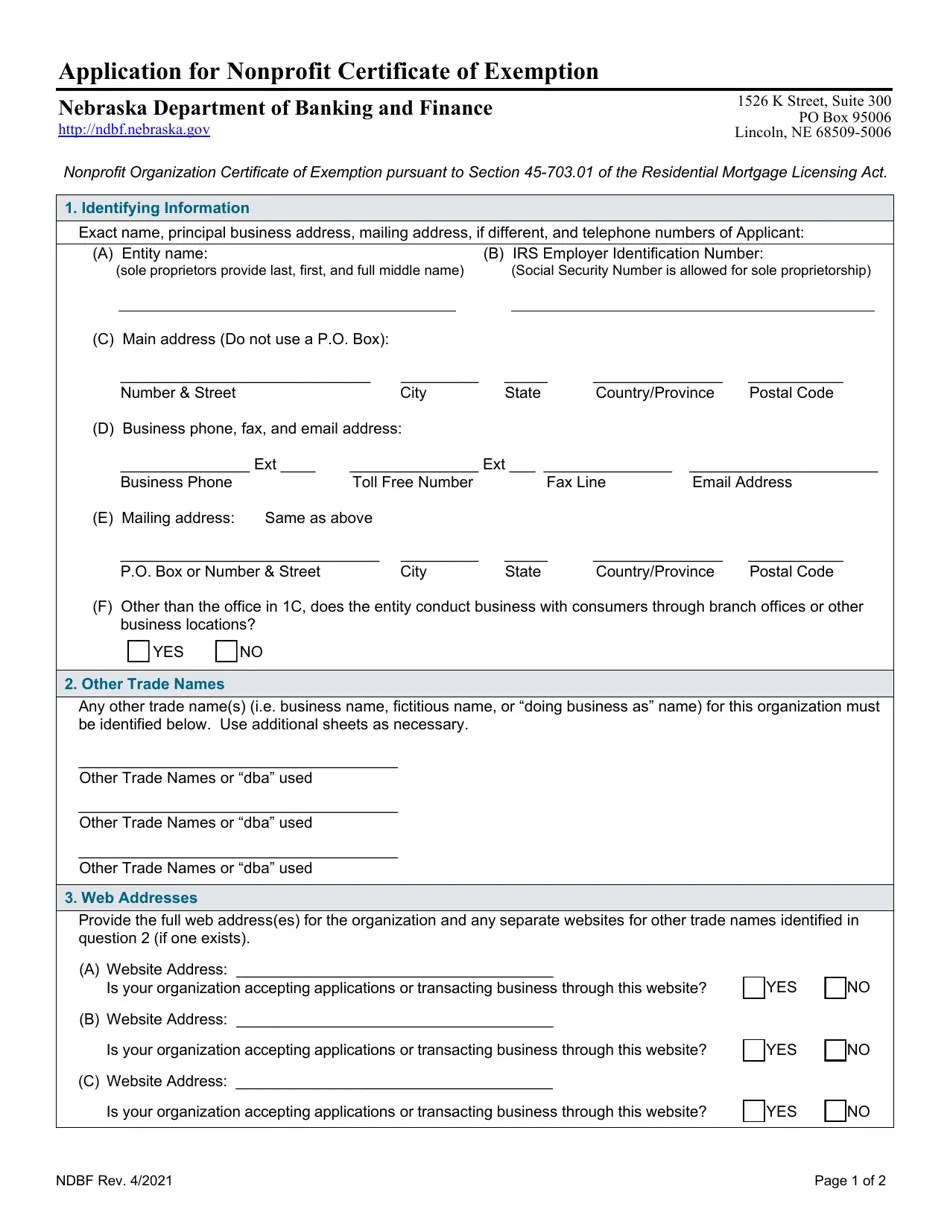 Nebraska Application for Nonprofit Certificate of Exemption Fill Out