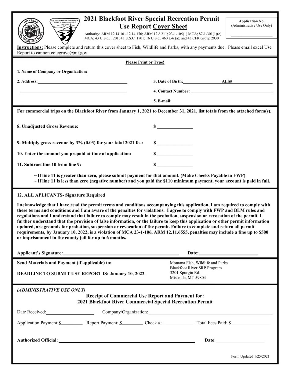 2021 Montana Blackfoot River Special Recreation Permit Use Report Cover
