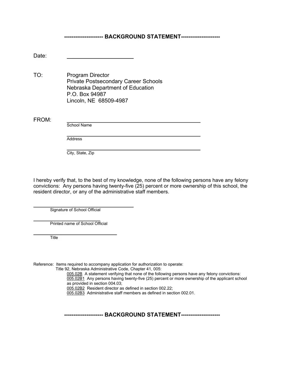 Nebraska Background Statement Fill Out, Sign Online and Download PDF