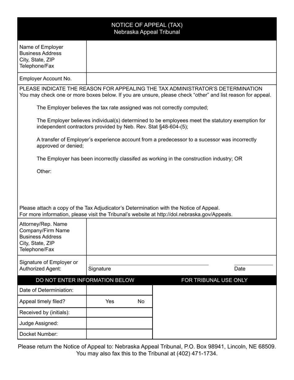 Nebraska Notice of Appeal (Tax) Fill Out, Sign Online and Download