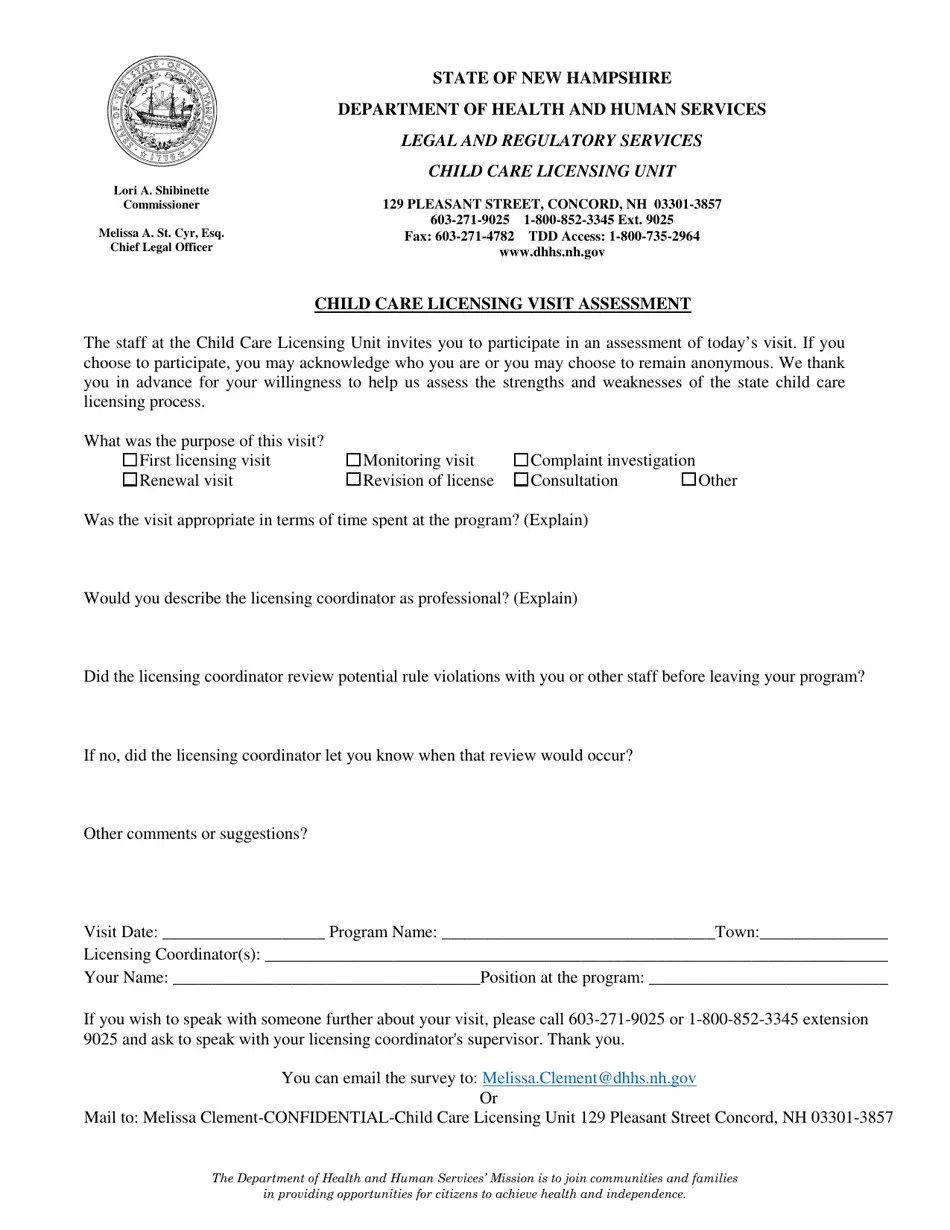 New Hampshire Child Care Licensing Visit Assessment Fill Out, Sign
