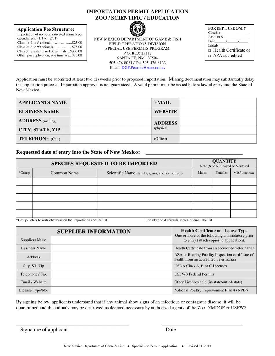 New Mexico Zoo/Scientific/Education Importation Permit Application