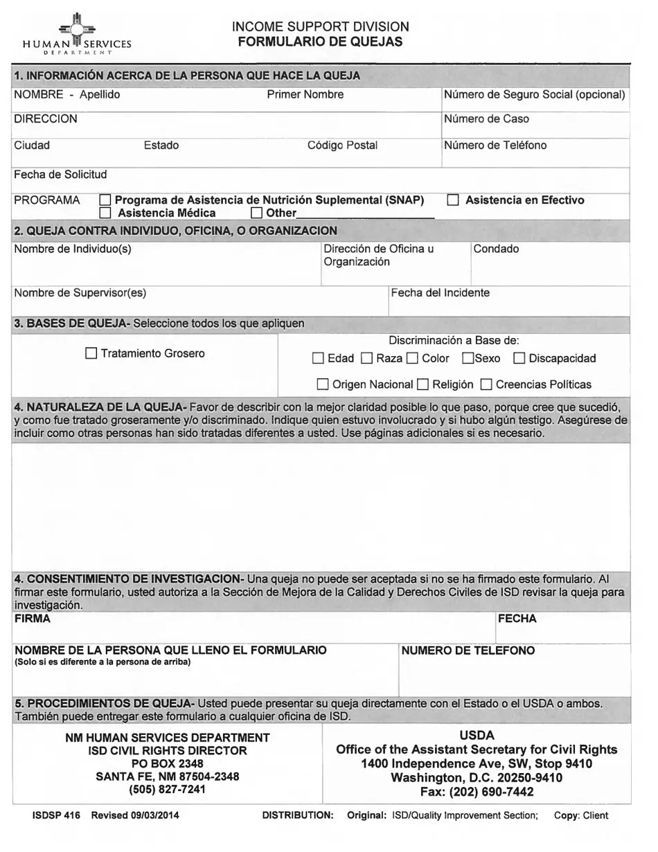 Form ISD416 Fill Out, Sign Online and Download Printable PDF, New Mexico (English/Spanish