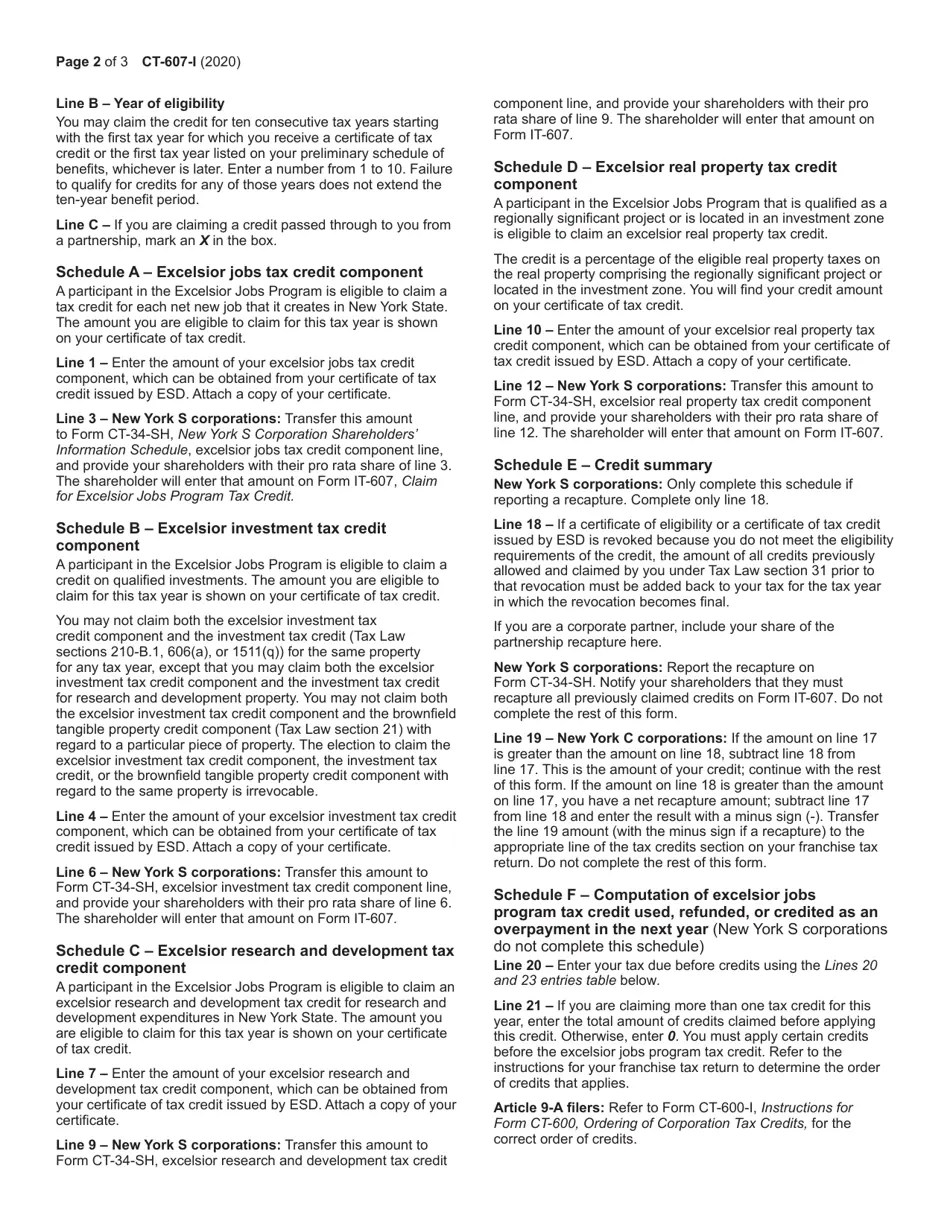 Download Instructions for Form CT607 Claim for Excelsior Jobs Program