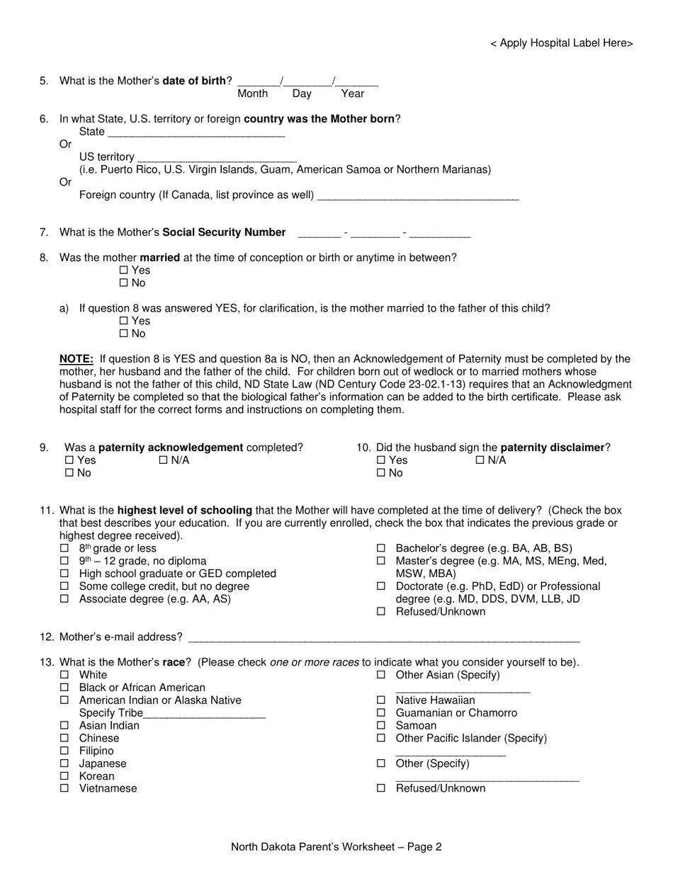 North Dakota Parent's Worksheet for Completing the North Dakota Birth Certificate Fill Out