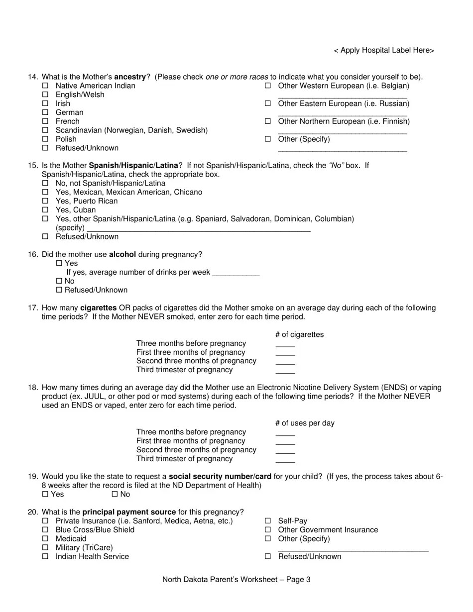 North Dakota Parent's Worksheet for Completing the North Dakota Birth